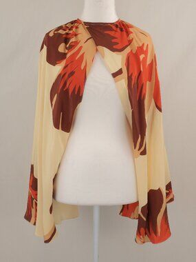 Johanna Ortiz Draped Odyssey Floral-Print Wide Sleeve Cape, Cream/Red/Burgundy